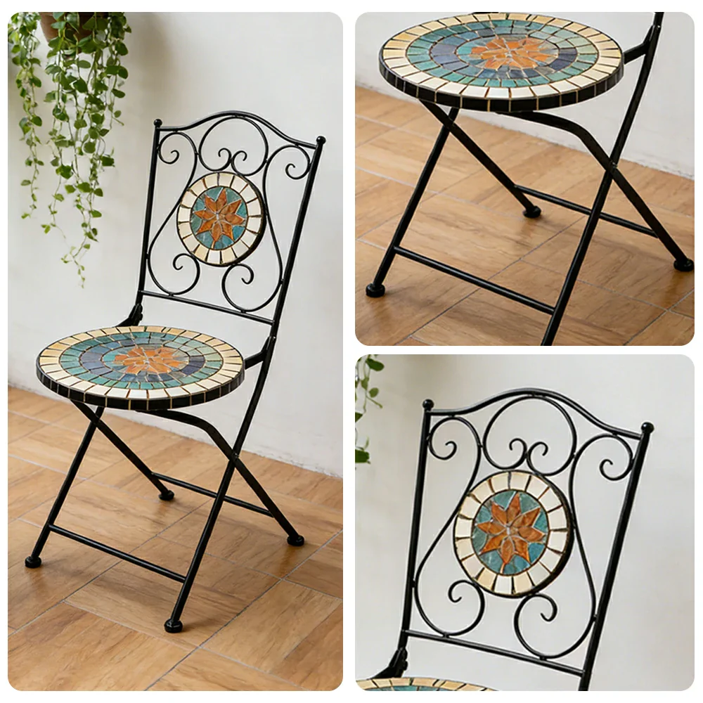 SOLARA Outdoor Folding Chairs Set of 2 - Weather Resistant Patio Armchairs with Decorative Tile Seat and Heavy Duty Steel Frame - Black - Image 3
