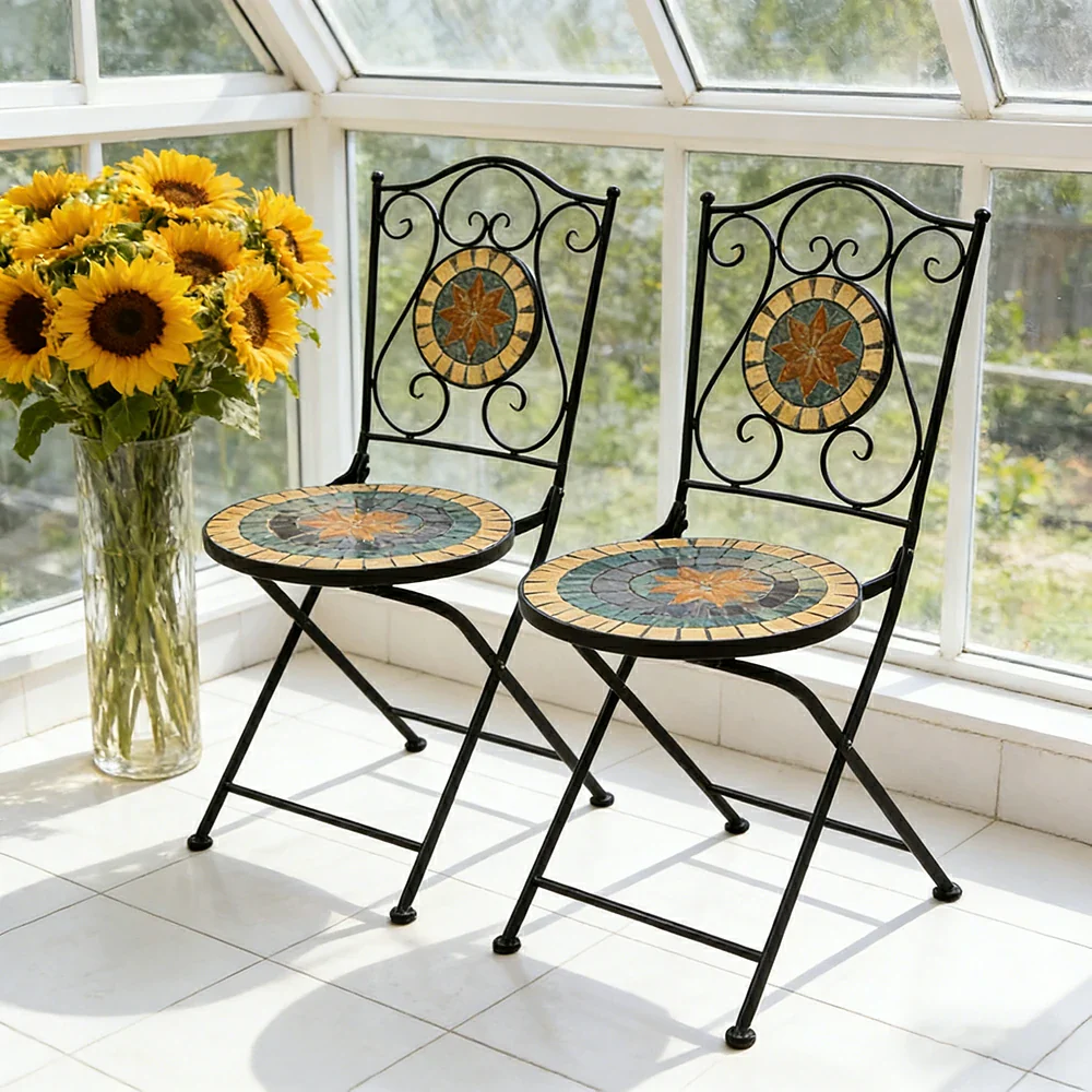 SOLARA Outdoor Folding Chairs Set of 2 - Weather Resistant Patio Armchairs with Decorative Tile Seat and Heavy Duty Steel Frame - Black - Image 4