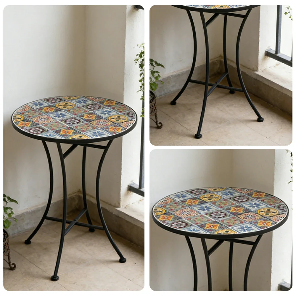 SOLARA Outdoor Mosaic Table - Moroccan Style Patio Table with Hand Painted Ceramic Tile Top and Sturdy Iron Frame - Image 3