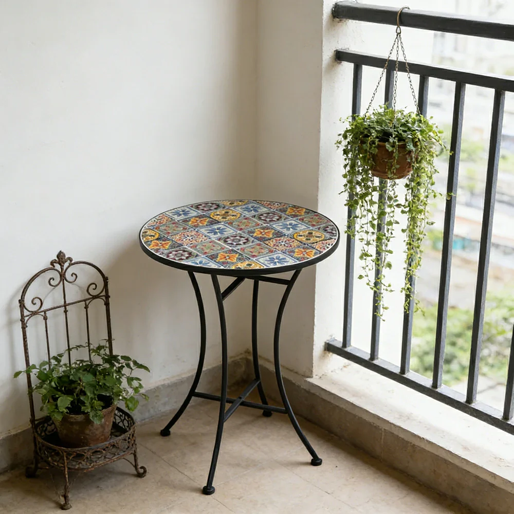 SOLARA Outdoor Mosaic Table - Moroccan Style Patio Table with Hand Painted Ceramic Tile Top and Sturdy Iron Frame - Image 4