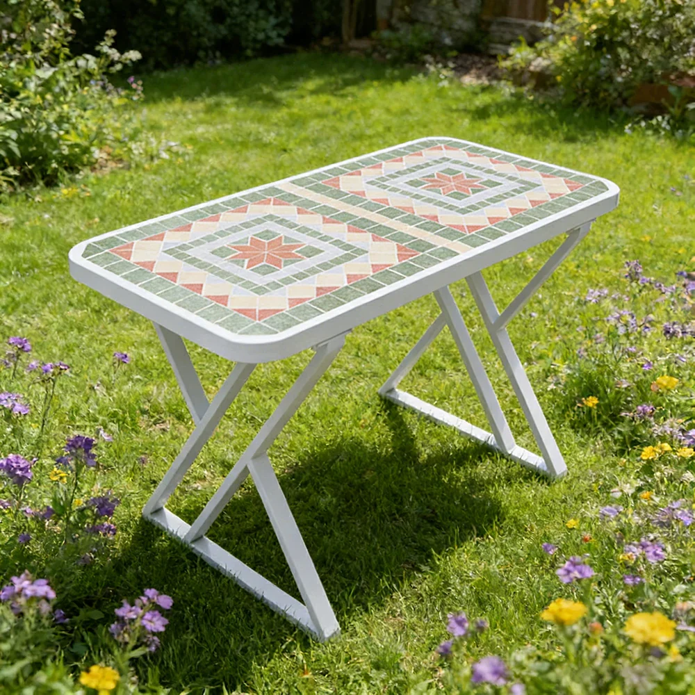 SOLARA 120/150cm Outdoor Patio Table - Weather Resistant Garden Table with Ceramic Tile Top and Stainless Steel Frame - White&Green - Image 2
