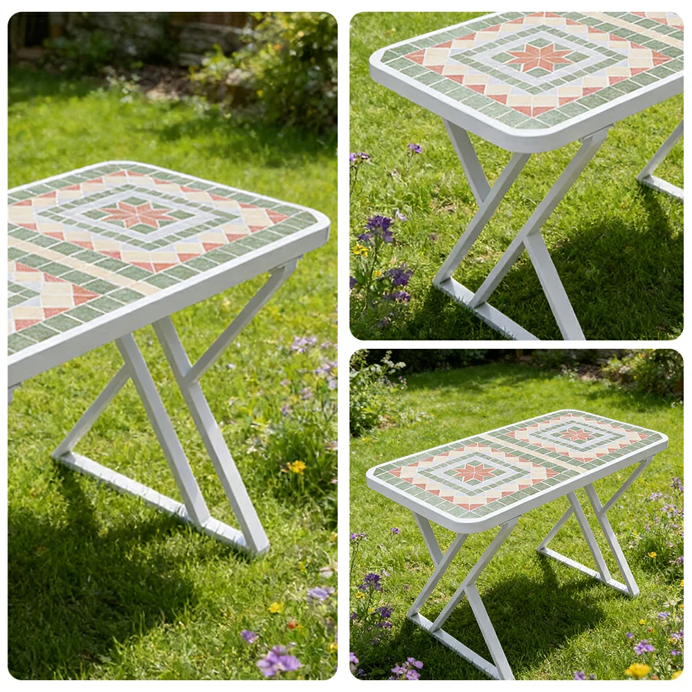SOLARA 120/150cm Outdoor Patio Table - Weather Resistant Garden Table with Ceramic Tile Top and Stainless Steel Frame - White&Green - Image 3