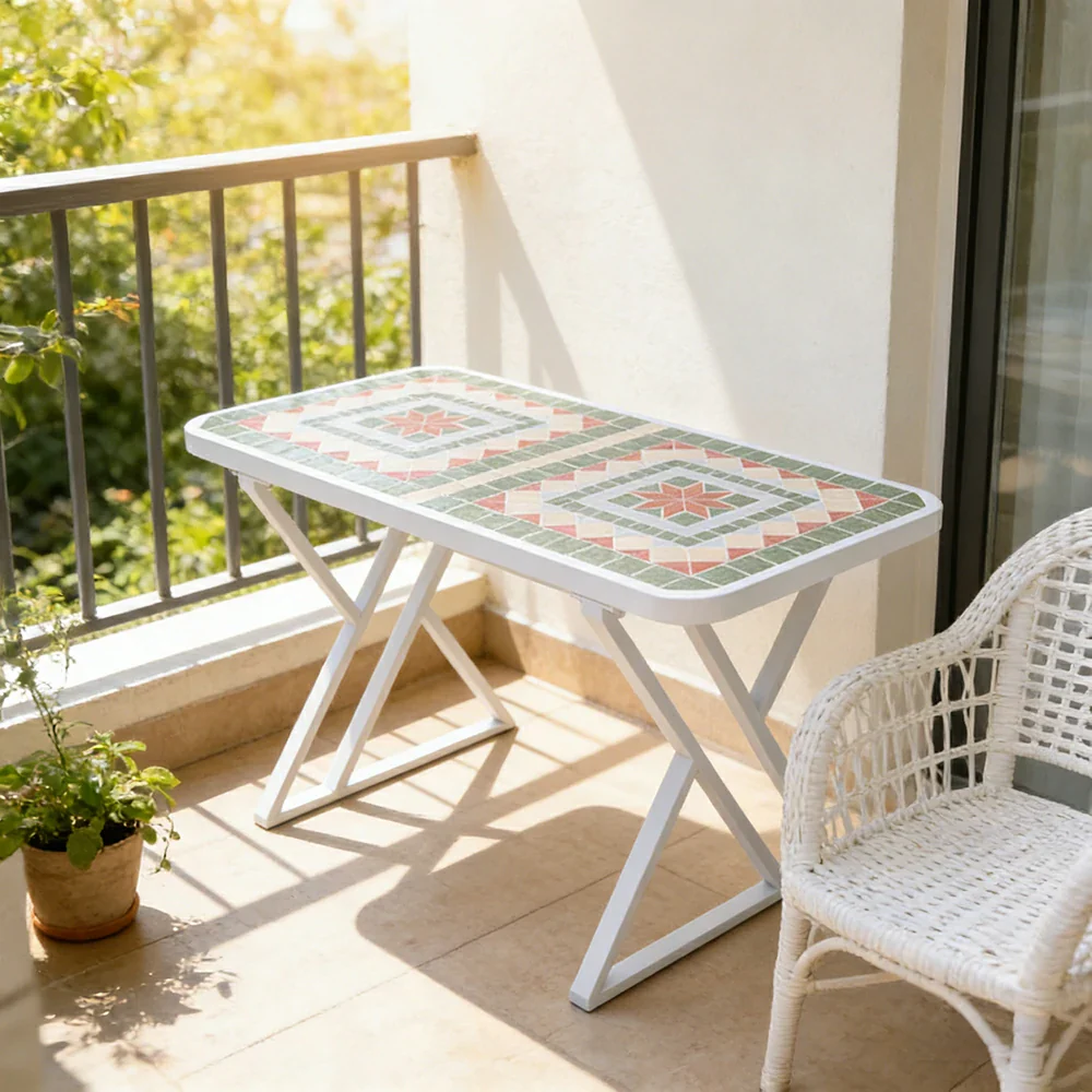 SOLARA 120/150cm Outdoor Patio Table - Weather Resistant Garden Table with Ceramic Tile Top and Stainless Steel Frame - White&Green - Image 4