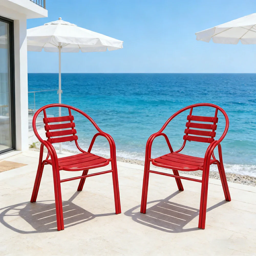 SOLARA Outdoor Patio Chairs Set of 2 - Weather Resistant Garden Chairs with Breathable Slatted Seat and Durable Steel Frame - Red - Image 4