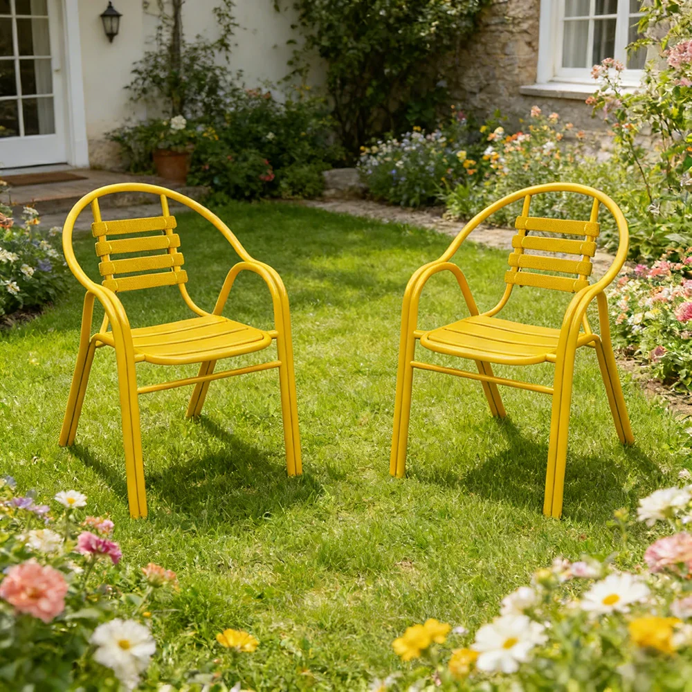 SOLARA Outdoor Patio Chairs Set of 2 - Weather Resistant Garden Chairs with Breathable Slatted Seat and Durable Steel Frame - Yellow - Image 2