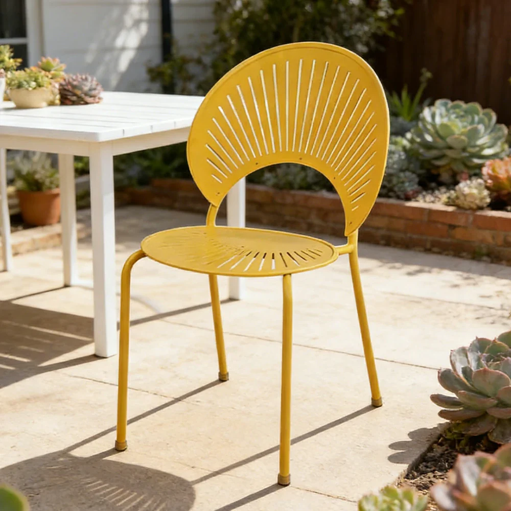SOLARA Outdoor Dining Chair - Ergonomic Curved Shell Backrest, Breathable Hollow Design, Durable Aluminium Frame, Weather-Resistant Patio Seating - Yellow - Image 2