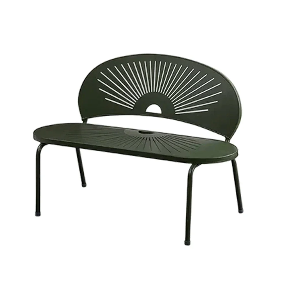 SOLARA Outdoor Bench - Ergonomic Curved Shell Backrest, Breathable Hollow Design, Durable Aluminium Frame, Weather-Resistant Patio Seating - Green