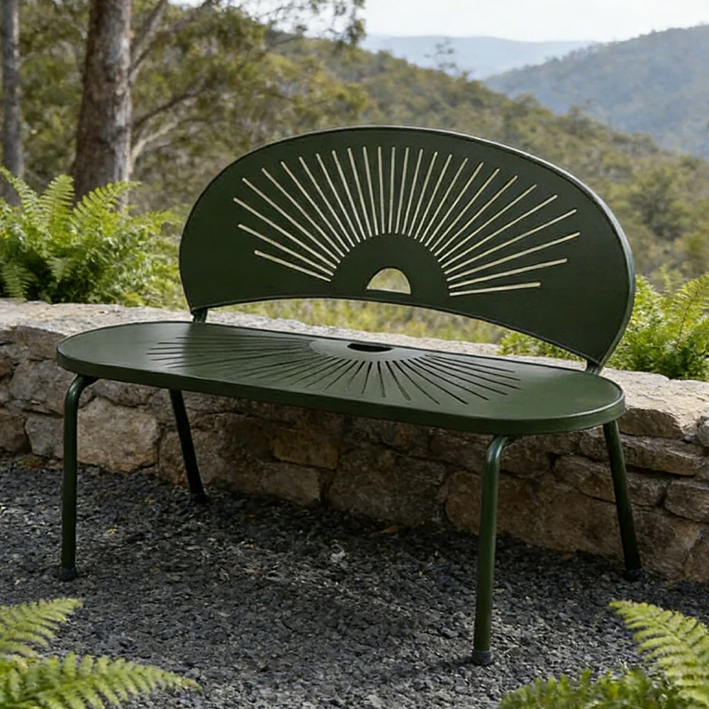 SOLARA Outdoor Bench - Ergonomic Curved Shell Backrest, Breathable Hollow Design, Durable Aluminium Frame, Weather-Resistant Patio Seating - Green - Image 2