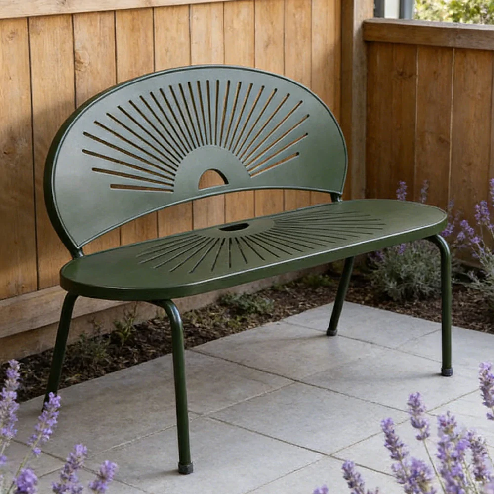 SOLARA Outdoor Bench - Ergonomic Curved Shell Backrest, Breathable Hollow Design, Durable Aluminium Frame, Weather-Resistant Patio Seating - Green - Image 4