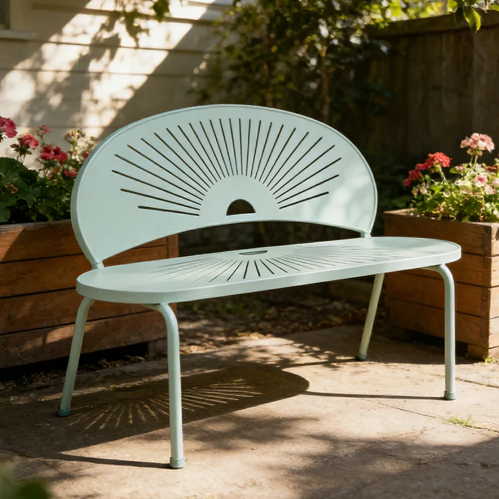 SOLARA Outdoor Bench - Ergonomic Curved Shell Backrest, Breathable Hollow Design, Durable Aluminium Frame, Weather-Resistant Patio Seating - Icy Mint Green - Image 4