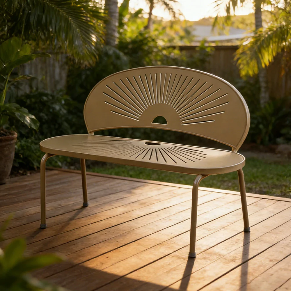 SOLARA Outdoor Bench - Ergonomic Curved Shell Backrest, Breathable Hollow Design, Durable Aluminium Frame, Weather-Resistant Patio Seating - Khaki - Image 2