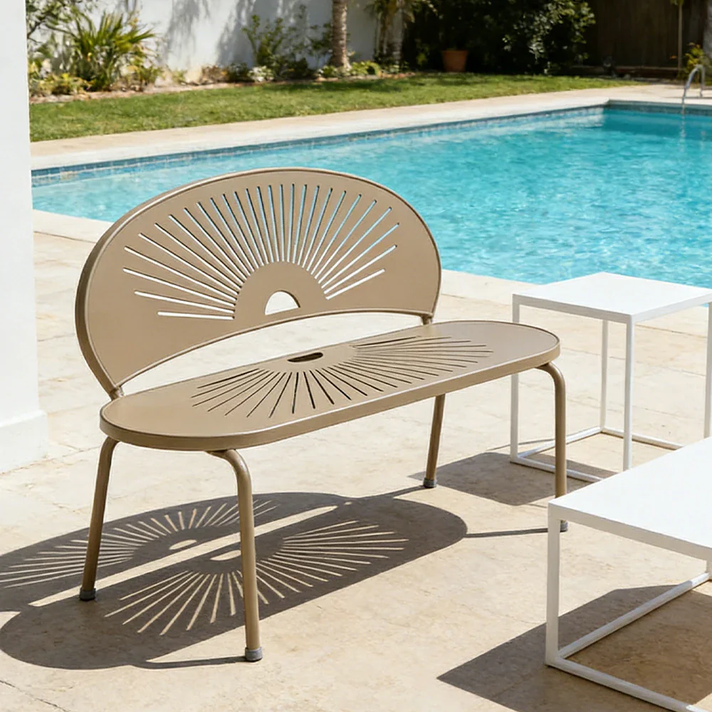 SOLARA Outdoor Bench - Ergonomic Curved Shell Backrest, Breathable Hollow Design, Durable Aluminium Frame, Weather-Resistant Patio Seating - Khaki - Image 4
