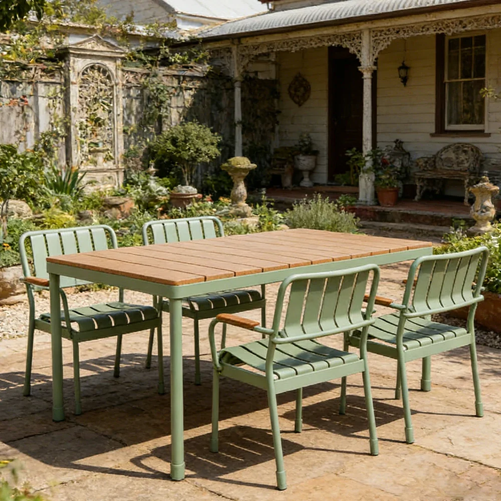 SOLARA Long Table and 4 Chairs Outdoor Dining Set - Waterproof WPC Wood Plastic Top, Durable Aluminium Frame, Patio Garden Balcony Seating - Image 2