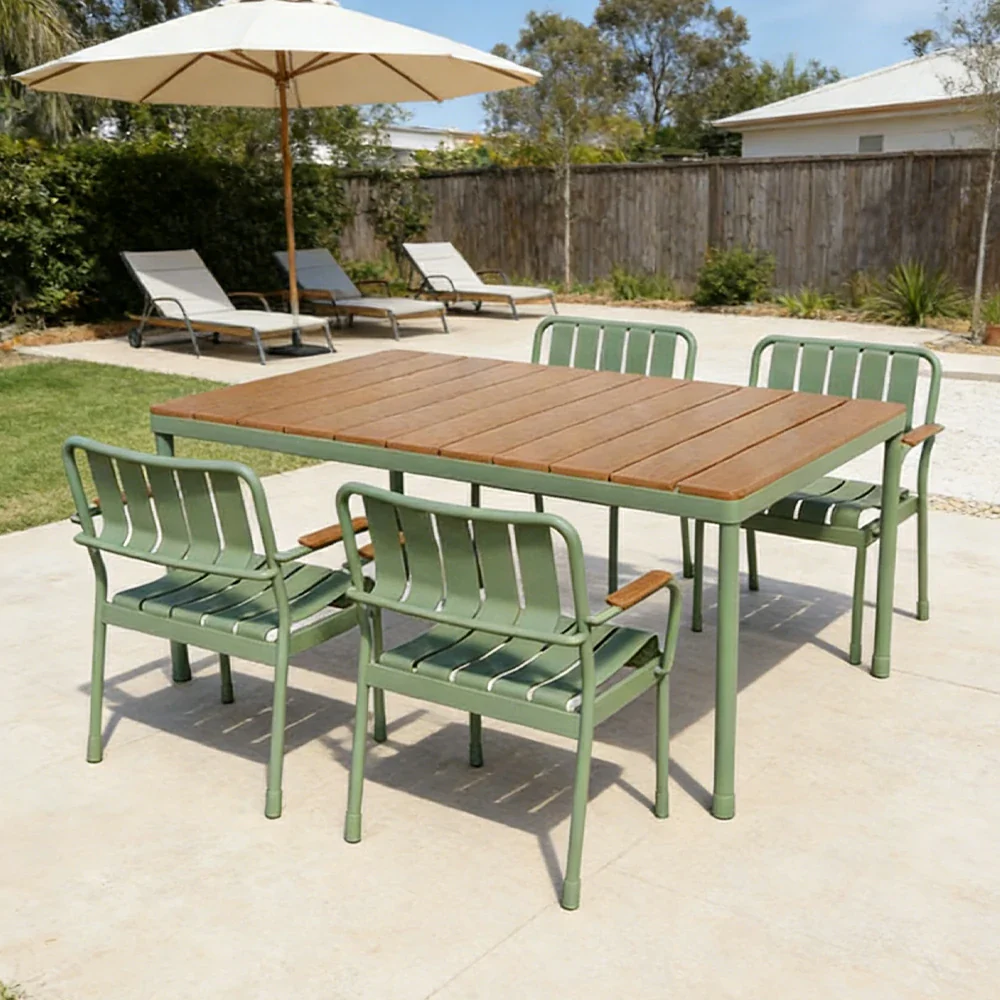 SOLARA Long Table and 4 Chairs Outdoor Dining Set - Waterproof WPC Wood Plastic Top, Durable Aluminium Frame, Patio Garden Balcony Seating - Image 4