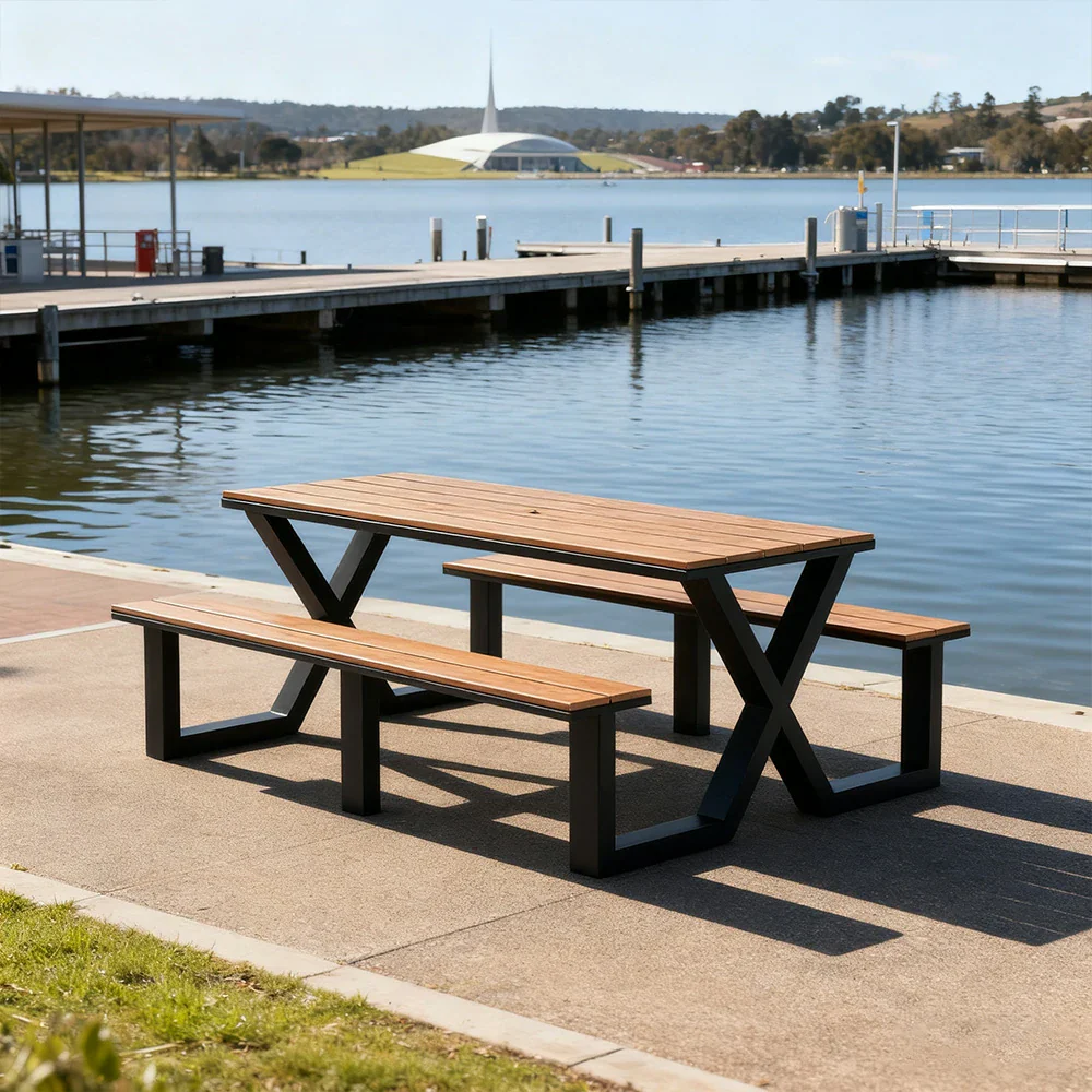 SOLARA Outdoor Table & Chair Set 120/160/200cm Waterproof Sun-Resistant Plastic-Wood Surface Carbon Steel Frame Stable Anti-Corrosion Design - Black - Image 12