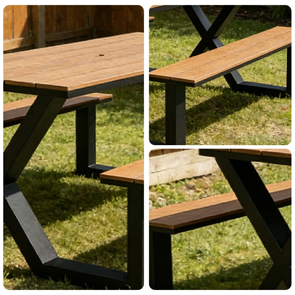 SOLARA Outdoor Table and Chair Set 150cm Waterproof Sun Resistant Plastic Wood Top Carbon Steel Frame Stable Anti Corrosion - Black - Image 3