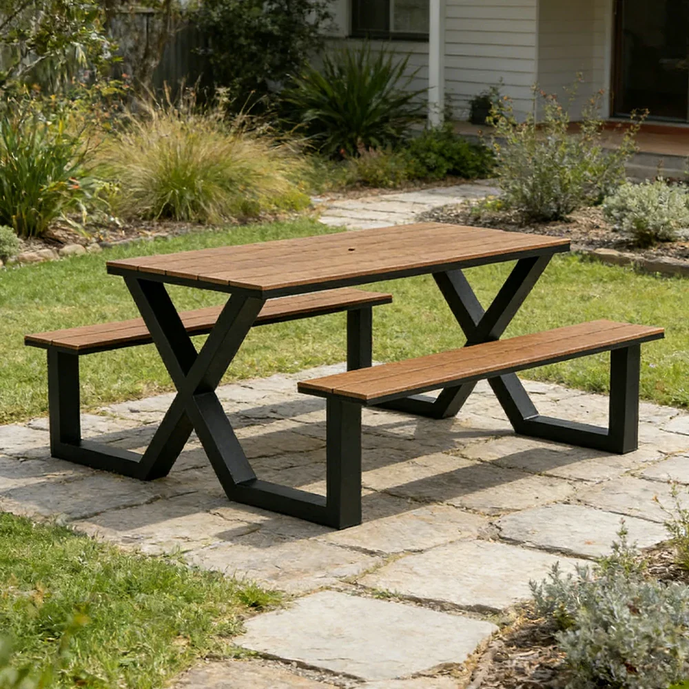 SOLARA Outdoor Table and Chair Set 150cm Waterproof Sun Resistant Plastic Wood Top Carbon Steel Frame Stable Anti Corrosion - Black - Image 4