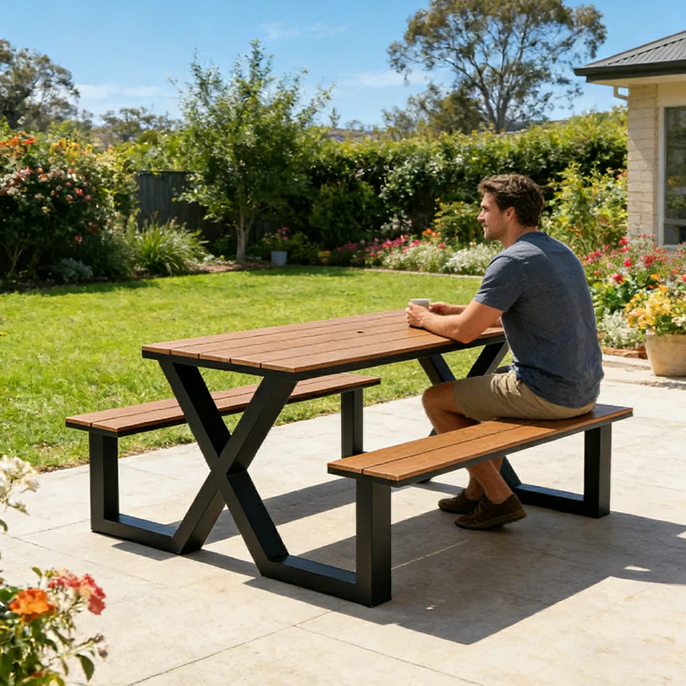 SOLARA Outdoor Table and Chair Set 150cm Waterproof Sun Resistant Plastic Wood Top Carbon Steel Frame Stable Anti Corrosion - Black - Image 5