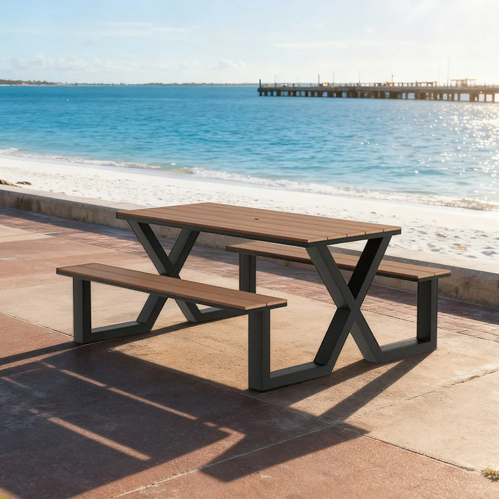 SOLARA Outdoor Table & Chair Set 120/160/200cm Waterproof Sun-Resistant Plastic-Wood Surface Carbon Steel Frame Stable Anti-Corrosion Design - Black - Image 7