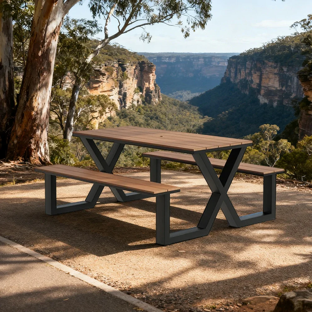 SOLARA Outdoor Table & Chair Set 120/160/200cm Waterproof Sun-Resistant Plastic-Wood Surface Carbon Steel Frame Stable Anti-Corrosion Design - Black - Image 9