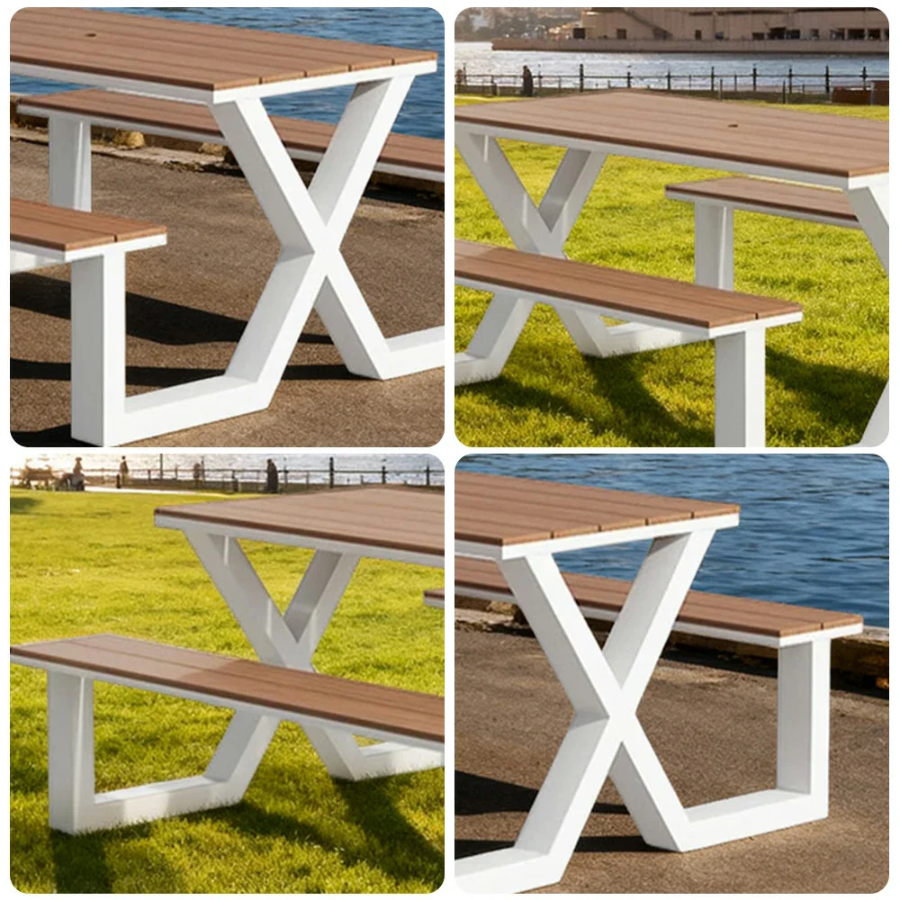 SOLARA Outdoor Table & Chair Set 120/160/200cm Waterproof Sun-Resistant Plastic-Wood Surface Carbon Steel Frame Stable Anti-Corrosion Design - White - Image 3