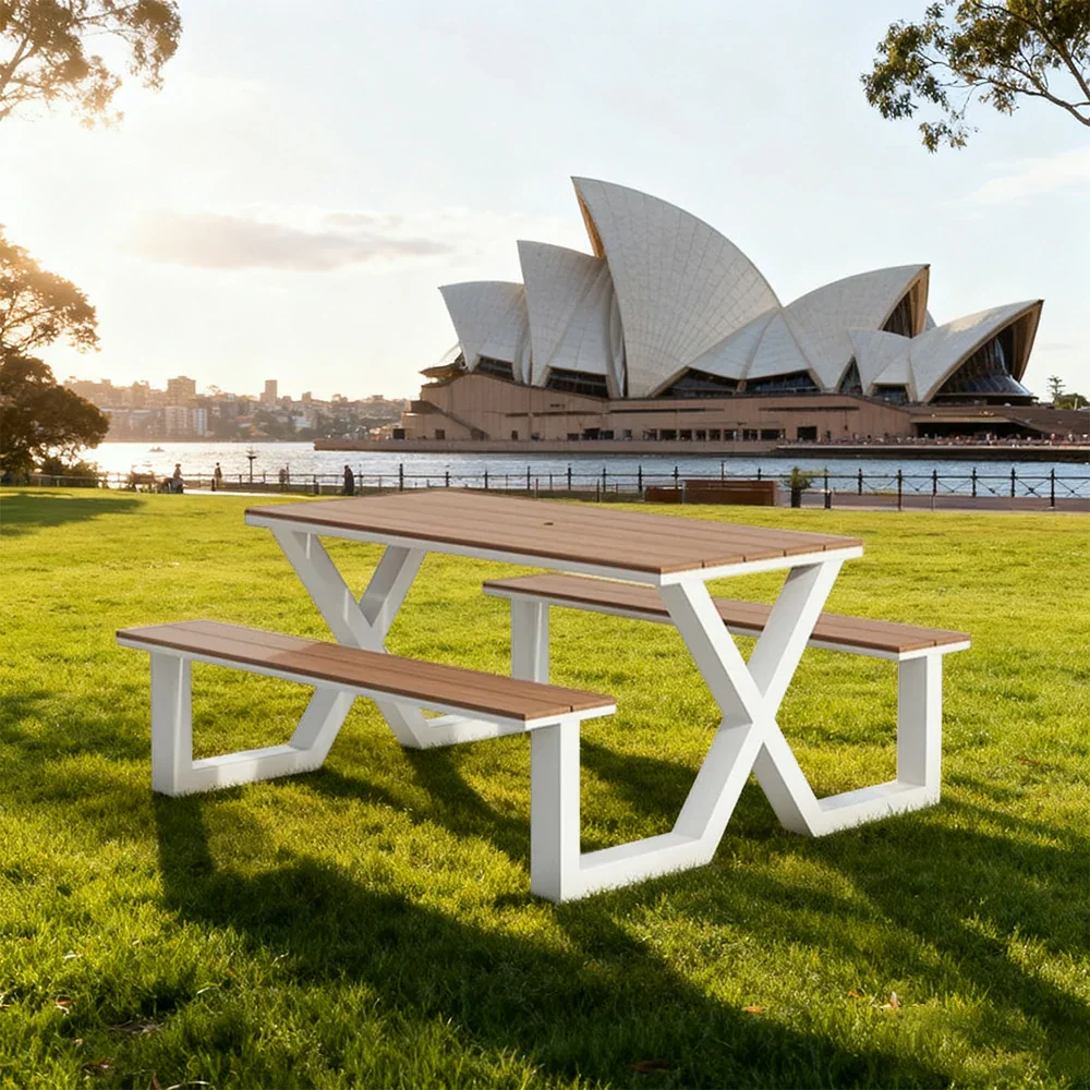 SOLARA Outdoor Table & Chair Set 120/160/200cm Waterproof Sun-Resistant Plastic-Wood Surface Carbon Steel Frame Stable Anti-Corrosion Design - White - Image 4