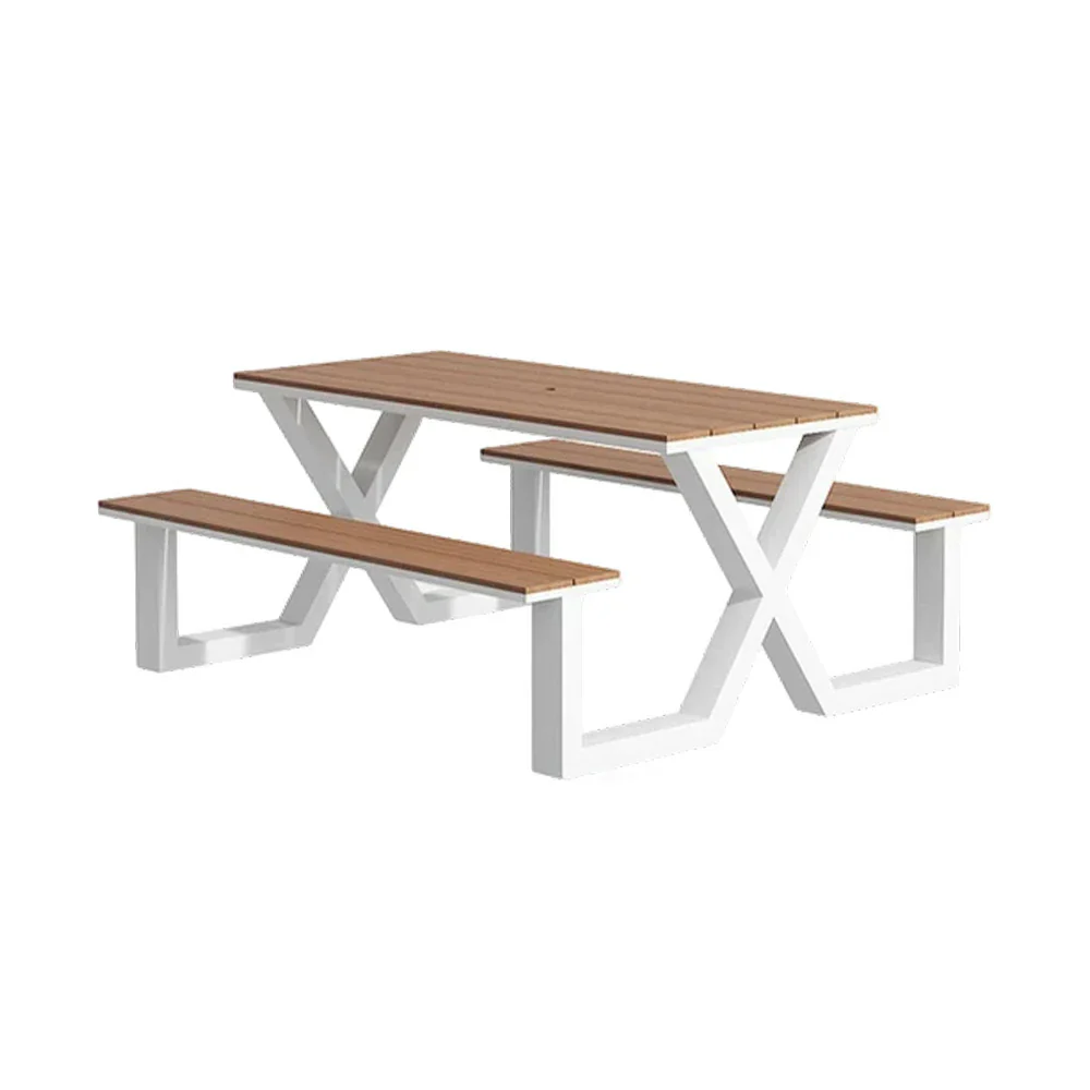 SOLARA Outdoor Table & Chair Set 120/160/200cm Waterproof Sun-Resistant Plastic-Wood Surface Carbon Steel Frame Stable Anti-Corrosion Design - White - Image 6
