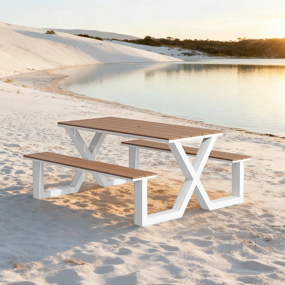 SOLARA Outdoor Table & Chair Set 120/160/200cm Waterproof Sun-Resistant Plastic-Wood Surface Carbon Steel Frame Stable Anti-Corrosion Design - White - Image 7