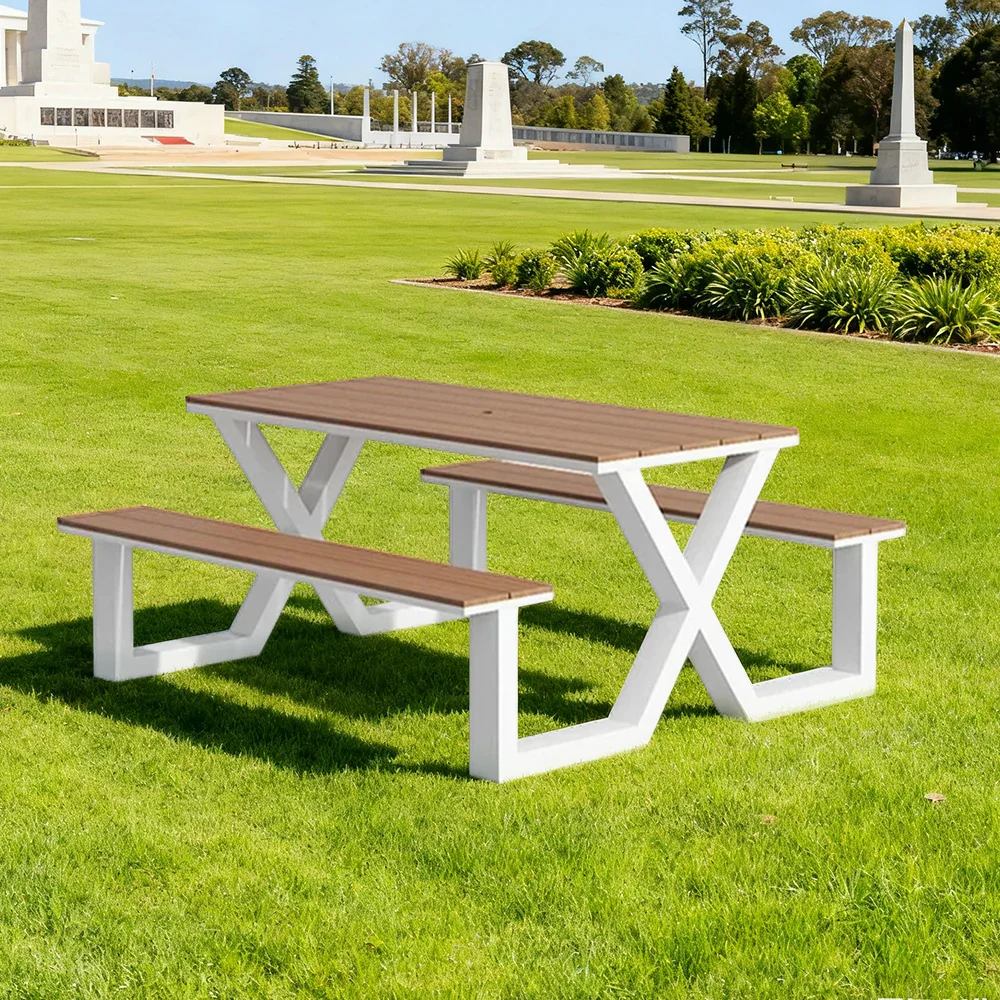 SOLARA Outdoor Table & Chair Set 120/160/200cm Waterproof Sun-Resistant Plastic-Wood Surface Carbon Steel Frame Stable Anti-Corrosion Design - White - Image 9