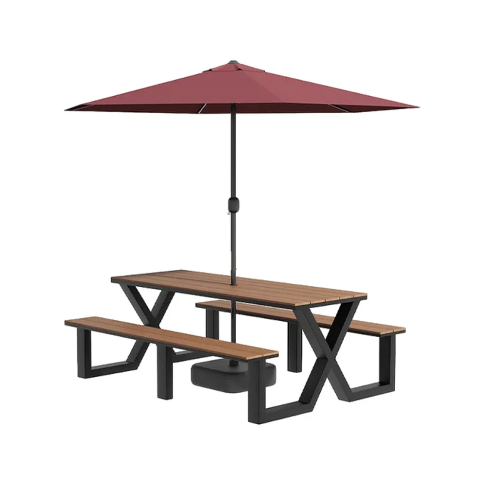 SOLARA Outdoor Table, Chair & Umbrella Set 120/160/200cm Waterproof Sun-Resistant Plastic-Wood Surface Carbon Steel Frame Stable Anti-Corrosion Design - Black - Image 11