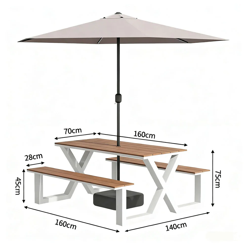 SOLARA Outdoor Table, Chair & Umbrella Set 120/160/200cm Waterproof Sun-Resistant Plastic-Wood Surface Carbon Steel Frame Stable Anti-Corrosion Design - White - Image 10