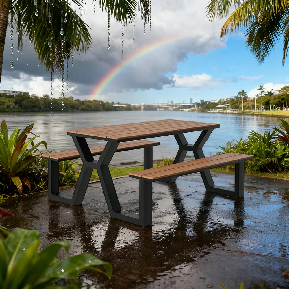 SOLARA Outdoor Table & Chair Set 120/160/200cm Eco-Friendly Waterproof Sunproof Plastic-Wood Surface Durable Anti-Oxidation Steel Frame - Black - Image 2