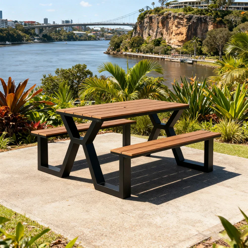 SOLARA Outdoor Table & Chair Set 120/160/200cm Eco-Friendly Waterproof Sunproof Plastic-Wood Surface Durable Anti-Oxidation Steel Frame - Black - Image 4
