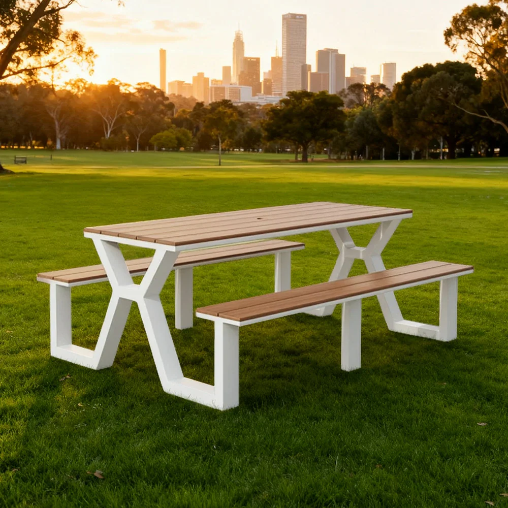 SOLARA Outdoor Table & Chair Set 120/160/200cm Eco-Friendly Waterproof Sunproof Plastic-Wood Surface Durable Anti-Oxidation Steel Frame - White - Image 12