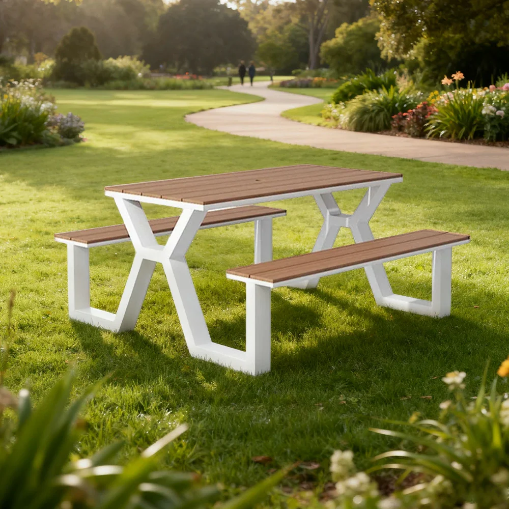 SOLARA Outdoor Table & Chair Set 120/160/200cm Eco-Friendly Waterproof Sunproof Plastic-Wood Surface Durable Anti-Oxidation Steel Frame - White - Image 2