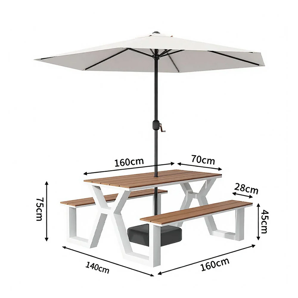 SOLARA Outdoor Table, Chair & Umbrella Set 120/160/200cm Eco-Friendly Waterproof Sunproof Plastic-Wood Surface Durable Anti-Oxidation Steel Frame - White - Image 10