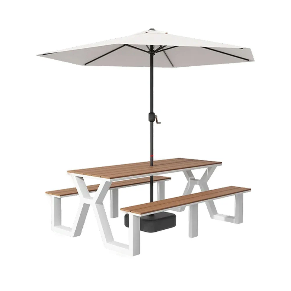 SOLARA Outdoor Table, Chair & Umbrella Set 120/160/200cm Eco-Friendly Waterproof Sunproof Plastic-Wood Surface Durable Anti-Oxidation Steel Frame - White - Image 11