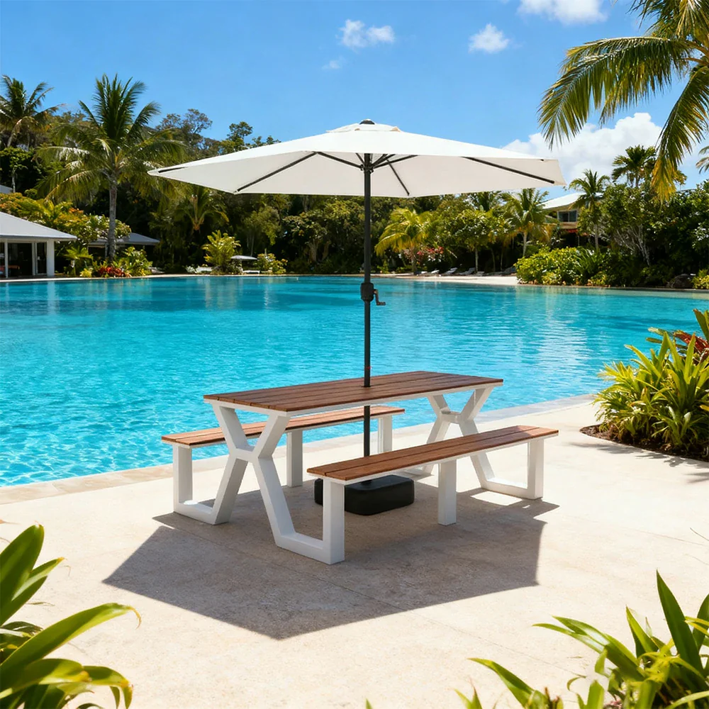 SOLARA Outdoor Table, Chair & Umbrella Set 120/160/200cm Eco-Friendly Waterproof Sunproof Plastic-Wood Surface Durable Anti-Oxidation Steel Frame - White - Image 12