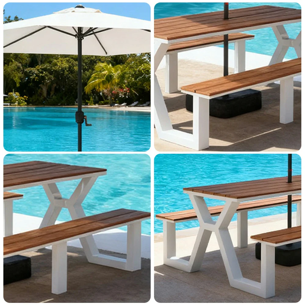 SOLARA Outdoor Table, Chair & Umbrella Set 120/160/200cm Eco-Friendly Waterproof Sunproof Plastic-Wood Surface Durable Anti-Oxidation Steel Frame - White - Image 13