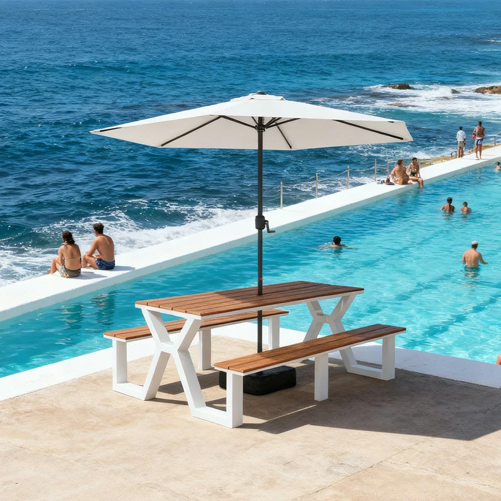SOLARA Outdoor Table, Chair & Umbrella Set 120/160/200cm Eco-Friendly Waterproof Sunproof Plastic-Wood Surface Durable Anti-Oxidation Steel Frame - White - Image 14