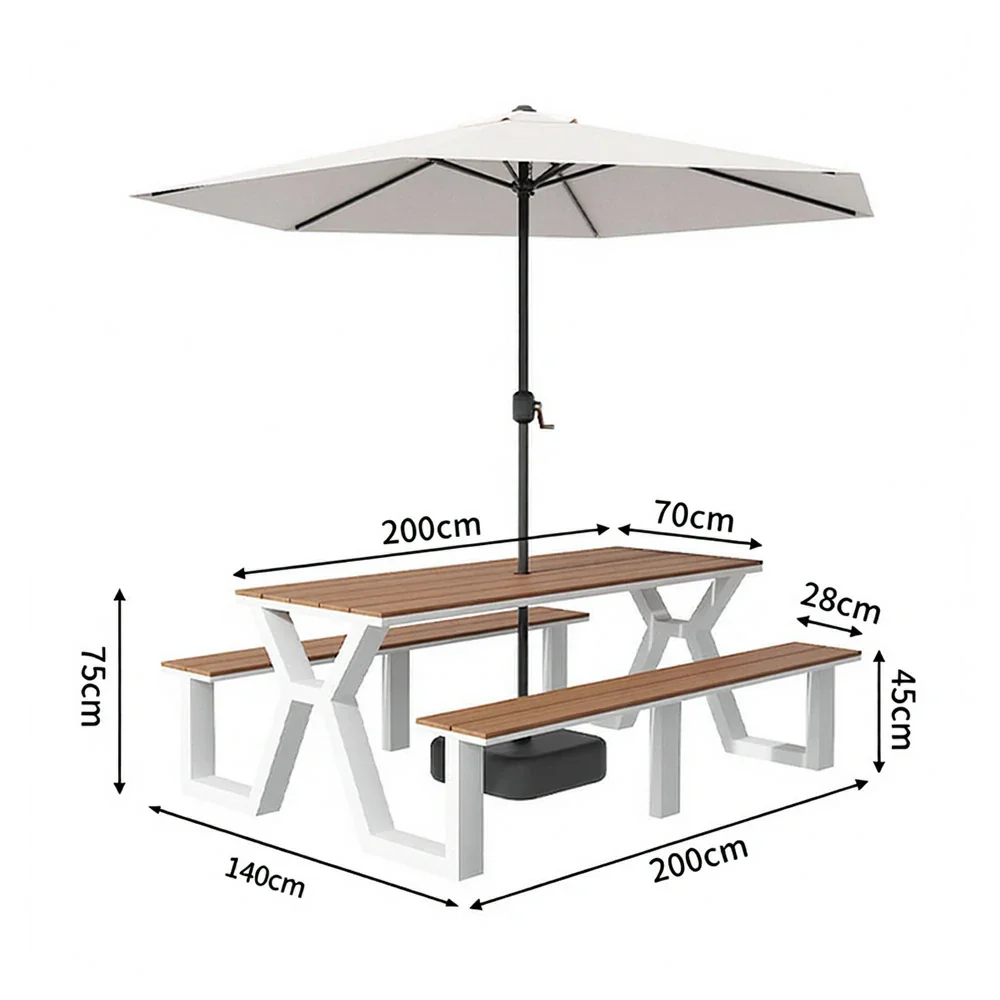 SOLARA Outdoor Table, Chair & Umbrella Set 120/160/200cm Eco-Friendly Waterproof Sunproof Plastic-Wood Surface Durable Anti-Oxidation Steel Frame - White - Image 15