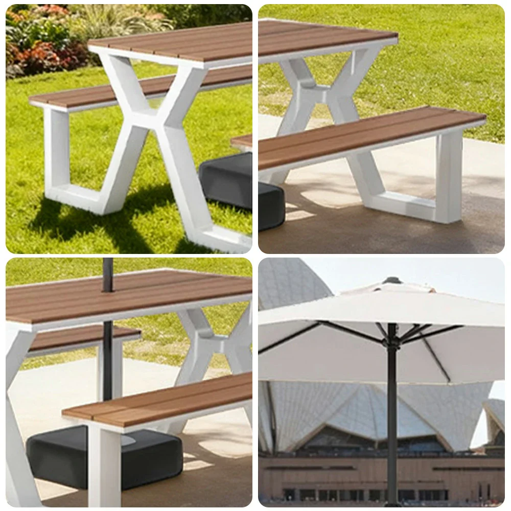 SOLARA Outdoor Table, Chair & Umbrella Set 120/160/200cm Eco-Friendly Waterproof Sunproof Plastic-Wood Surface Durable Anti-Oxidation Steel Frame - White - Image 3