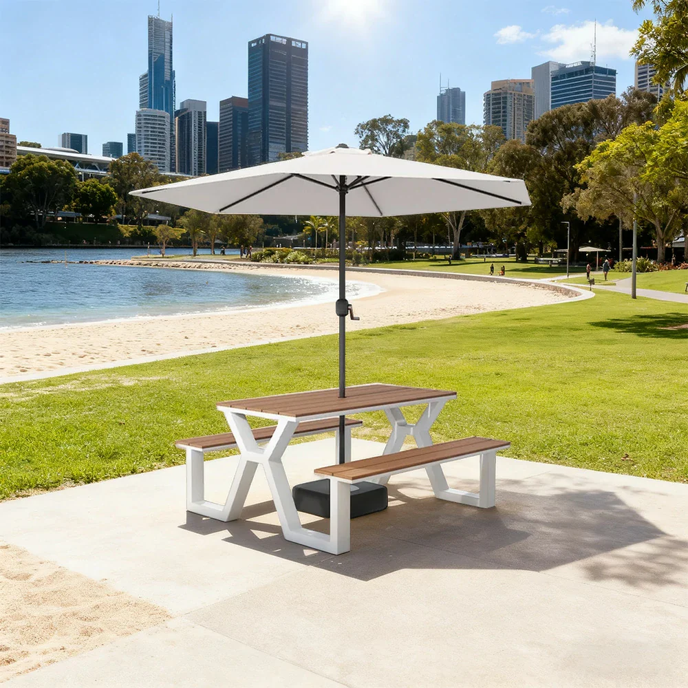 SOLARA Outdoor Table, Chair & Umbrella Set 120/160/200cm Eco-Friendly Waterproof Sunproof Plastic-Wood Surface Durable Anti-Oxidation Steel Frame - White - Image 4