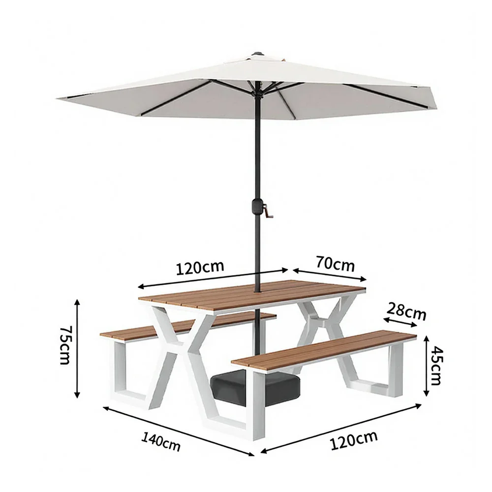 SOLARA Outdoor Table, Chair & Umbrella Set 120/160/200cm Eco-Friendly Waterproof Sunproof Plastic-Wood Surface Durable Anti-Oxidation Steel Frame - White - Image 5