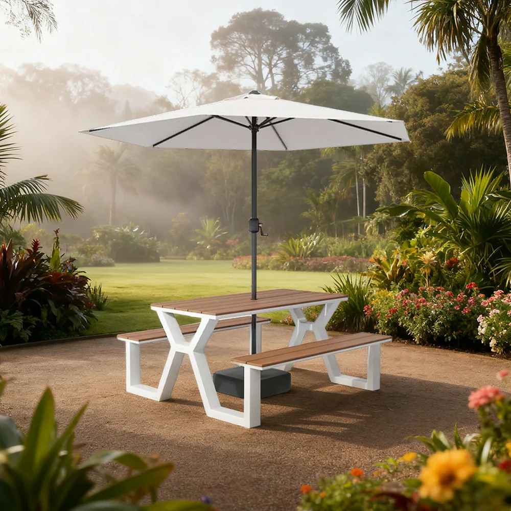 SOLARA Outdoor Table, Chair & Umbrella Set 120/160/200cm Eco-Friendly Waterproof Sunproof Plastic-Wood Surface Durable Anti-Oxidation Steel Frame - White - Image 7