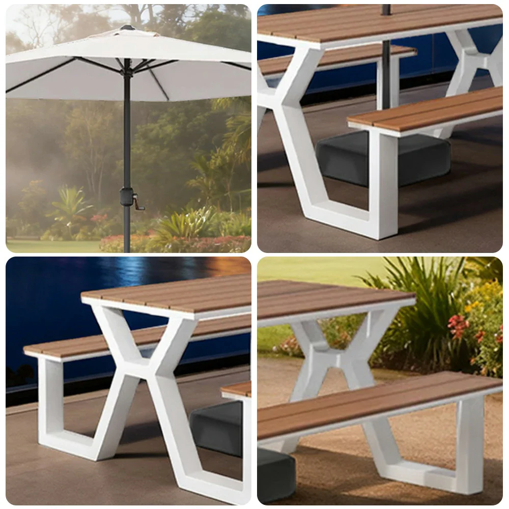 SOLARA Outdoor Table, Chair & Umbrella Set 120/160/200cm Eco-Friendly Waterproof Sunproof Plastic-Wood Surface Durable Anti-Oxidation Steel Frame - White - Image 8