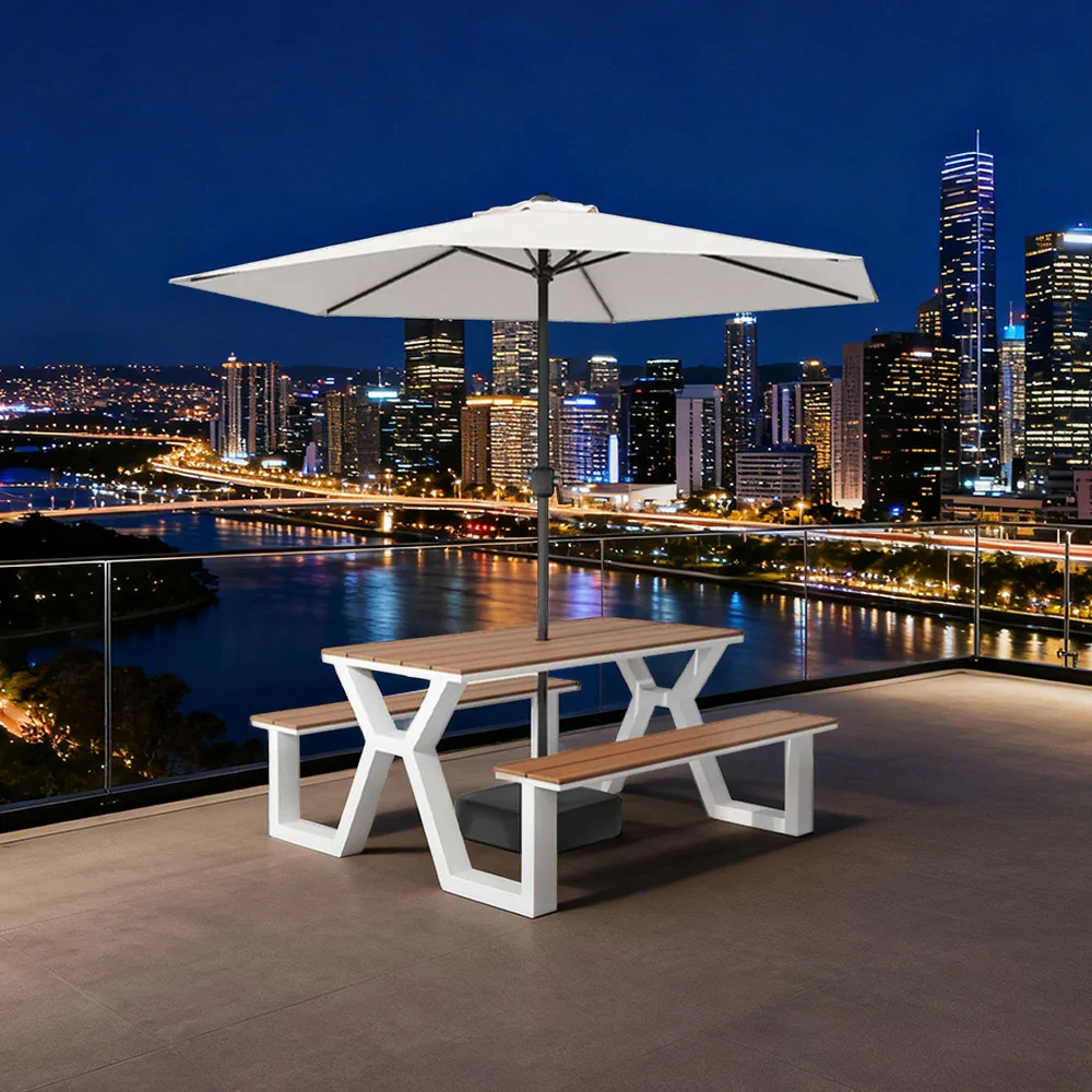 SOLARA Outdoor Table, Chair & Umbrella Set 120/160/200cm Eco-Friendly Waterproof Sunproof Plastic-Wood Surface Durable Anti-Oxidation Steel Frame - White - Image 9