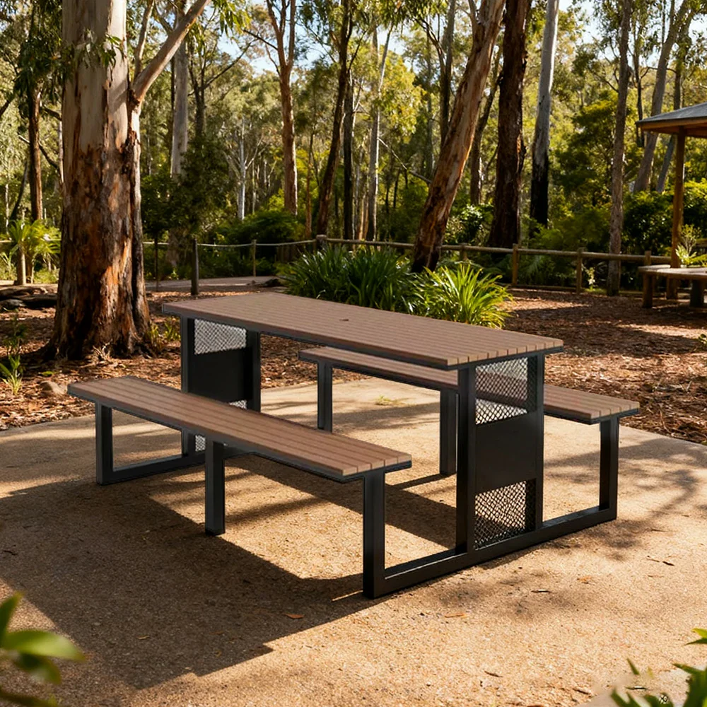 SOLARA Outdoor Table & Chair Set 120/160/200cm High-Temp Coated Steel Frame Strong Load-Bearing Waterproof Plastic-Wood Smooth Finish - Black - Image 14
