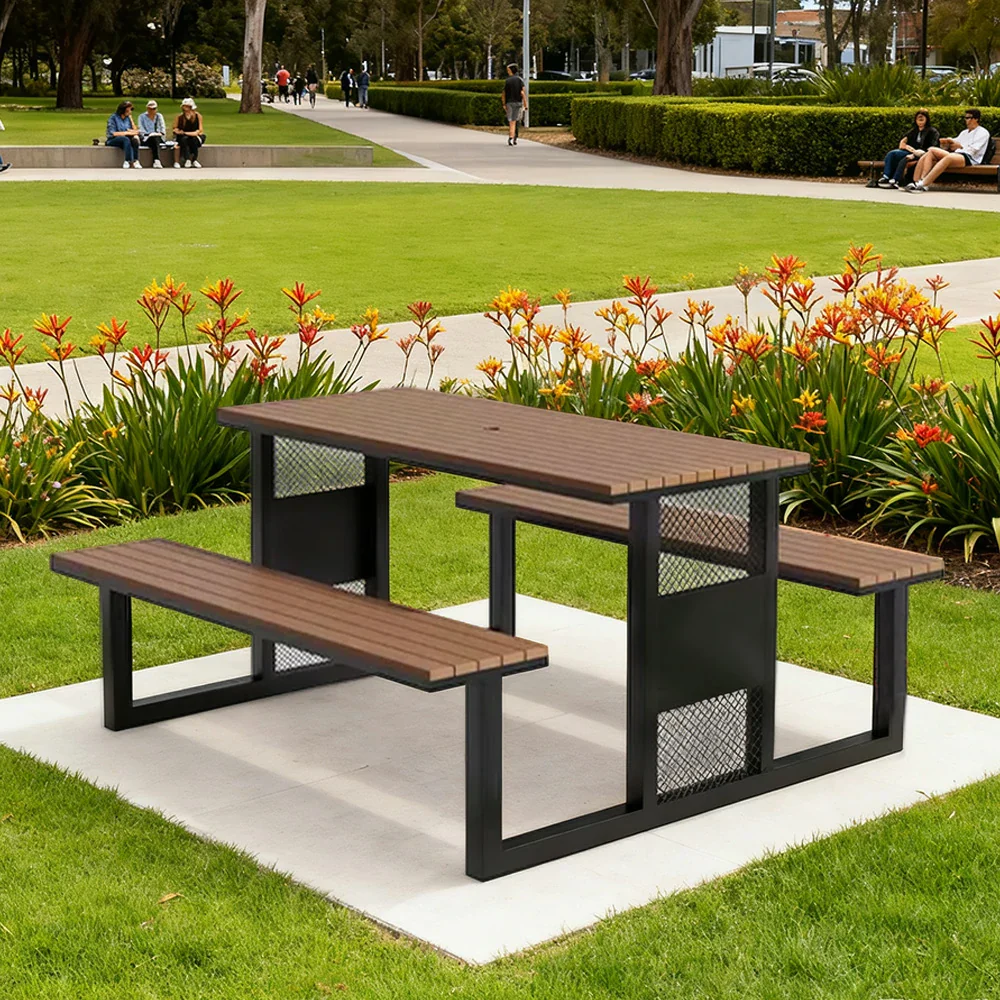 SOLARA Outdoor Table & Chair Set 120/160/200cm High-Temp Coated Steel Frame Strong Load-Bearing Waterproof Plastic-Wood Smooth Finish - Black - Image 9