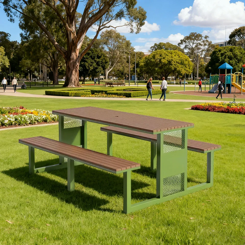 SOLARA Outdoor Table & Chair Set 120/160/200cm High-Temp Coated Steel Frame Strong Load-Bearing Waterproof Plastic-Wood Smooth Finish - Green - Image 12